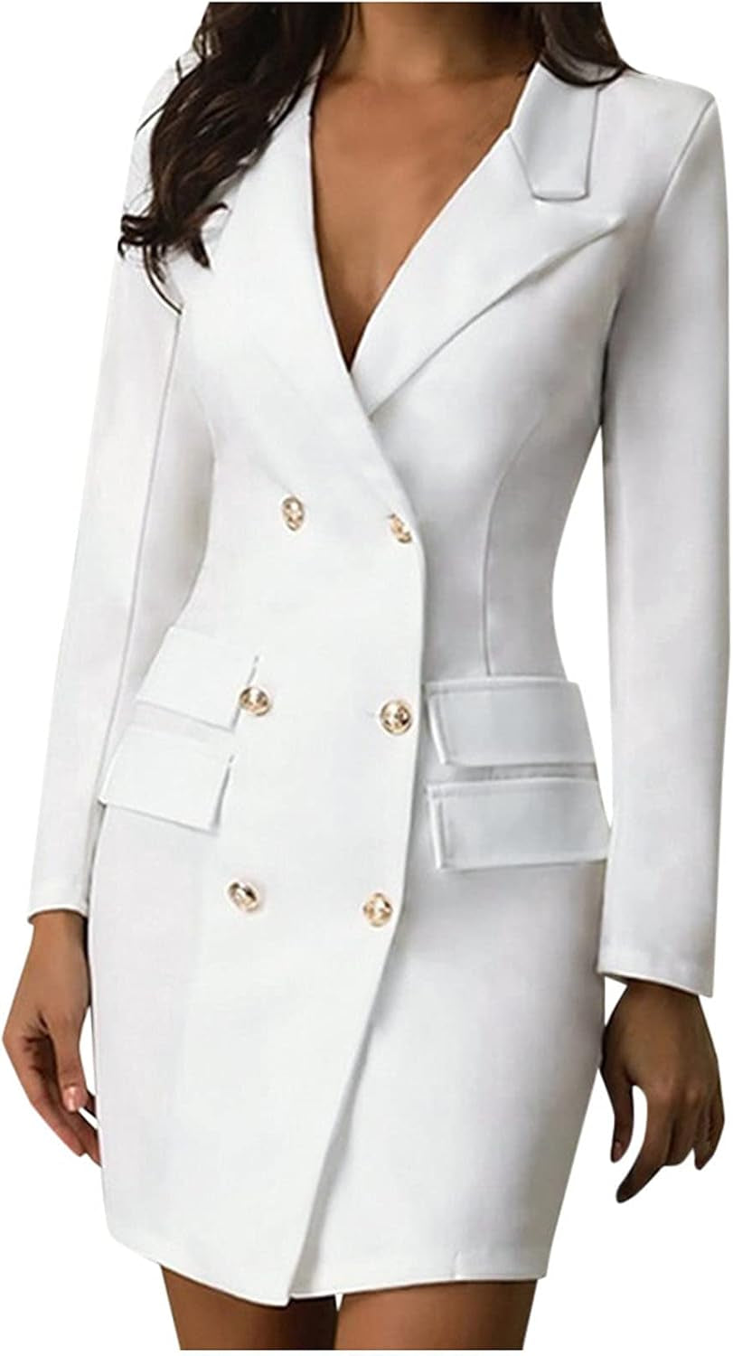 Business Blazers Dresses for Women, Casual Work Double Breasted Long Sleeve Fall Jackets Coats Slim Fit V Neck Tops White