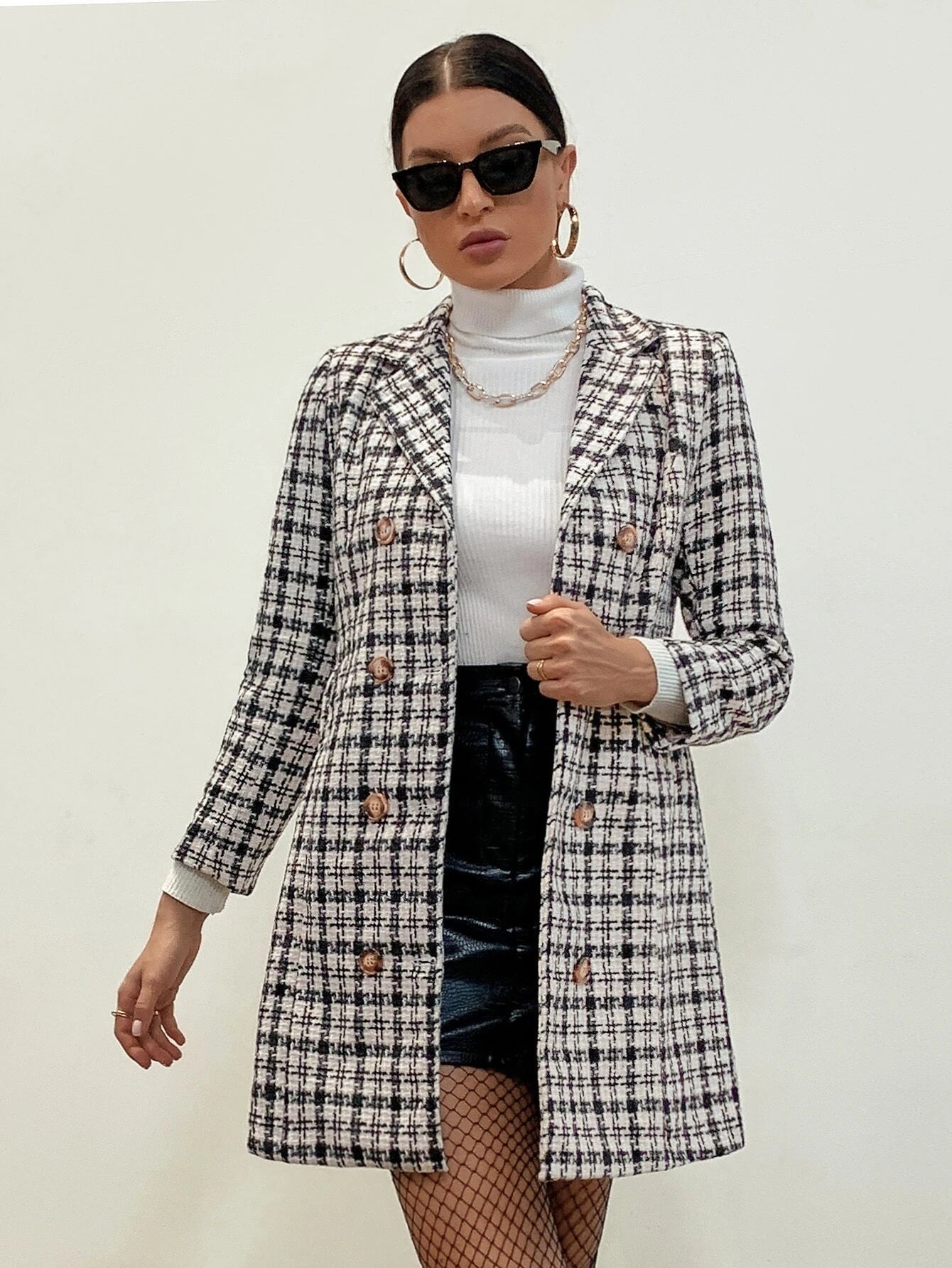 Aveloria Modichic Plaid Pattern Double Breasted Tweed Overcoat Workwear,Ladies Late Fall Elegant Double Button Regular Sleeve Lapel Regular Fit Apricot Tweed Plaid Women Overcoats,Casual Daily Wear