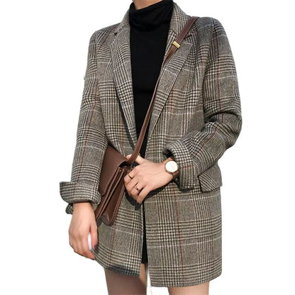 2021 Autumn Korean Vintage Plaid Woolen Women Blazers Tops Long Sleeve Notched Collar Loose Fashion Ladies Long Blazers Coats