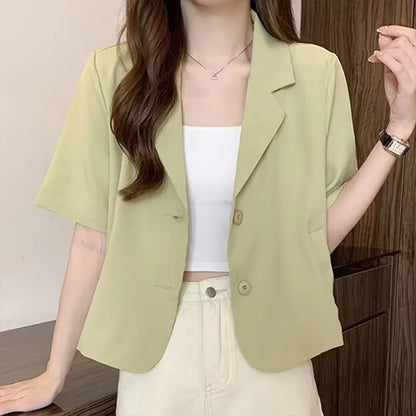 Summer Blazers Women Blazers Medium Elasticity Polyester Short Sleeves Single Breasted Solid Color Summer Hot New