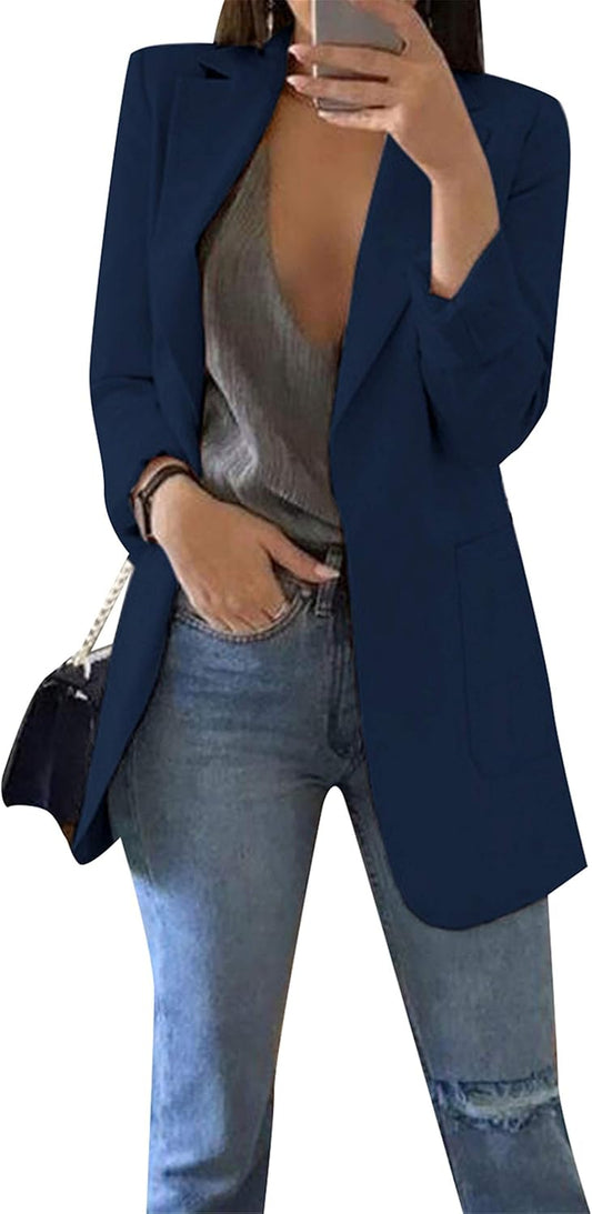 Women’S Plain Open Front Cardigan Coat Blazer Autumn Soft plus Size Jacket Blazer Navy Blue L