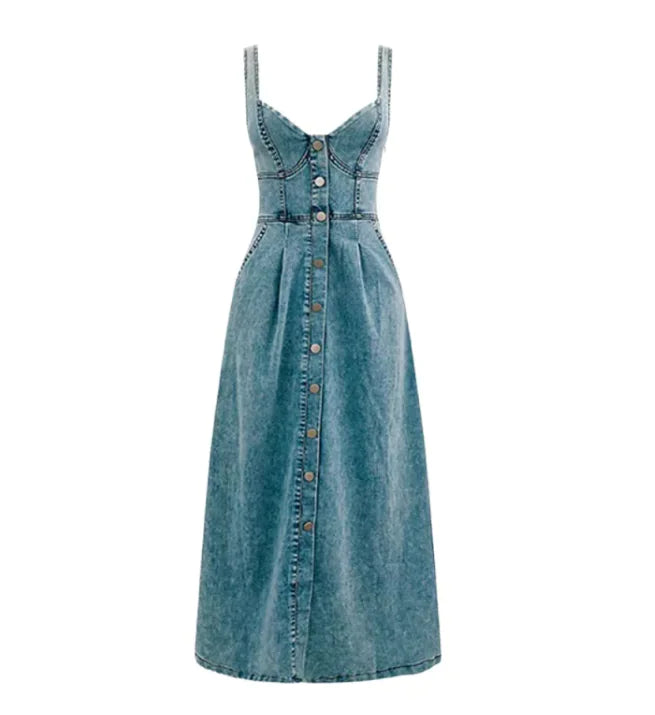 Women's Denim Buckle Midi Dress