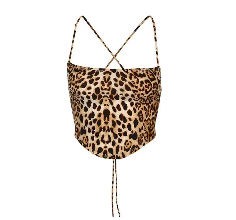 European And American Wild Leopard Print Halter Cross Strap Sexy Vest Tube Top Bottoming Shirt Bare Navel Hot Girl Top