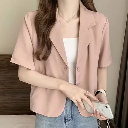 Summer Blazers Women Blazers Medium Elasticity Polyester Short Sleeves Single Breasted Solid Color Summer Hot New