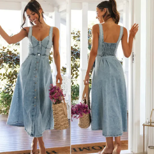 Women's Denim Buckle Midi Dress