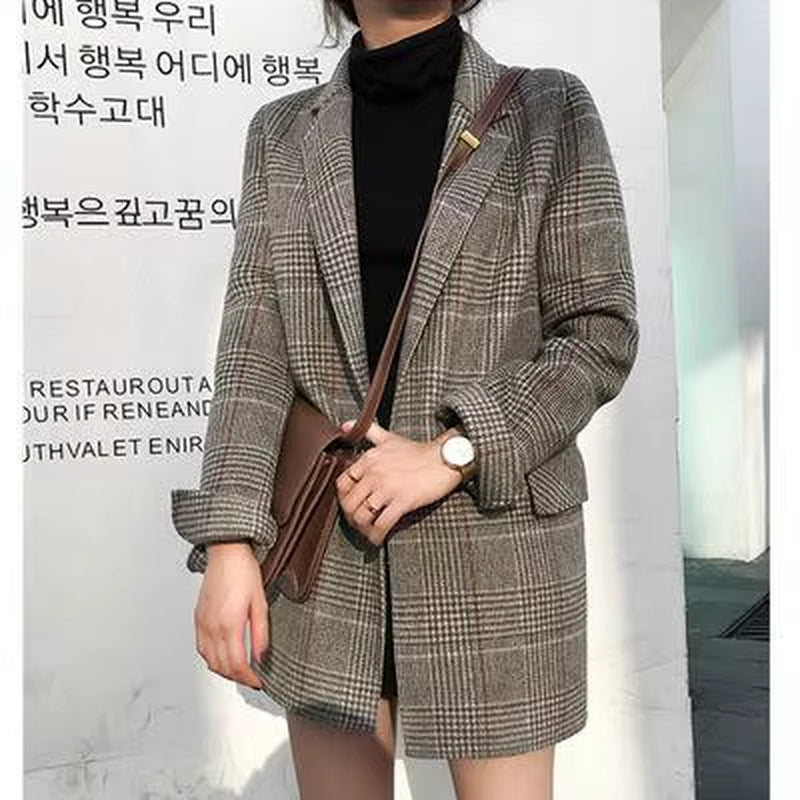 2021 Autumn Korean Vintage Plaid Woolen Women Blazers Tops Long Sleeve Notched Collar Loose Fashion Ladies Long Blazers Coats