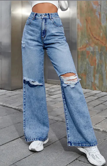 High-Waist Distressed Denim